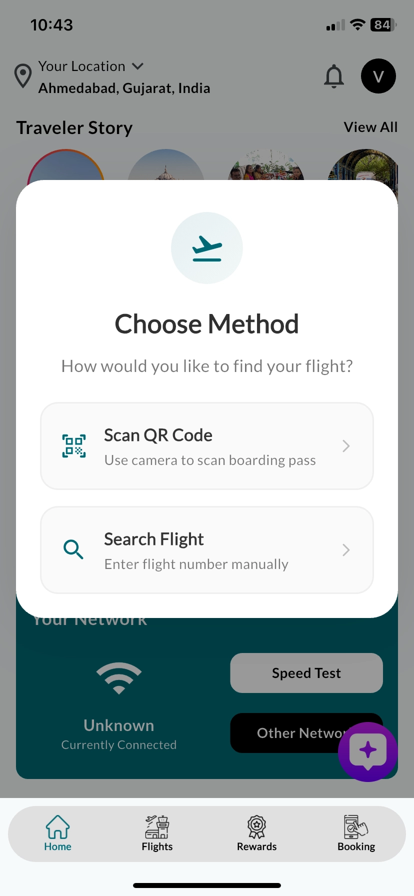 FlyFi app screenshot showing flight details entry